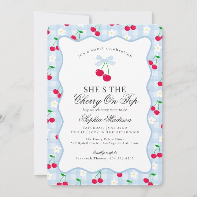Invitation Cerise Sweet Bleu Coquette Bow En vichy Baby showe (Devant)