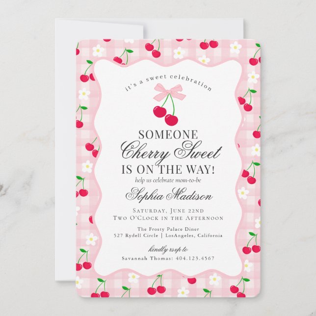 Invitation Cerise Sweet Coquette Rose Bow En vichy Baby showe (Devant)