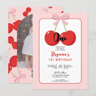 Invitation Cerises Rouges avec Nœud Rose Coquette 1er Anniver