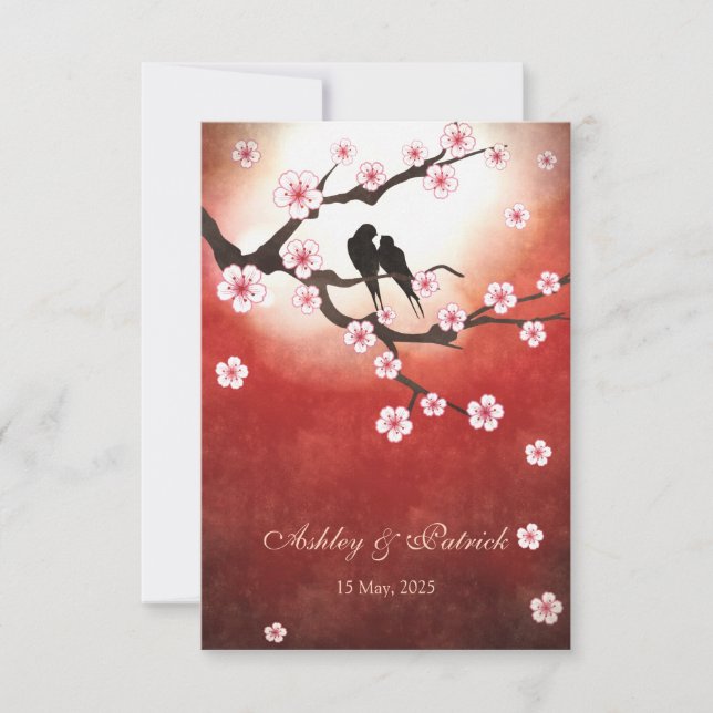 Invitation Cerisier Fleurs de Sakura & Oiseaux de l'AmourRéce (Devant)