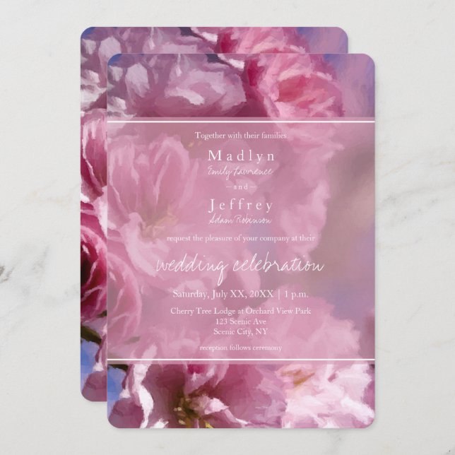 Invitation cerisier rose fleurs mariage de printemps (Devant / Derrière)