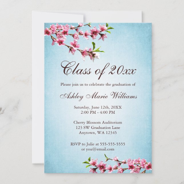 Invitation Cerisiers en fleurs Bleu Vintage (Devant)