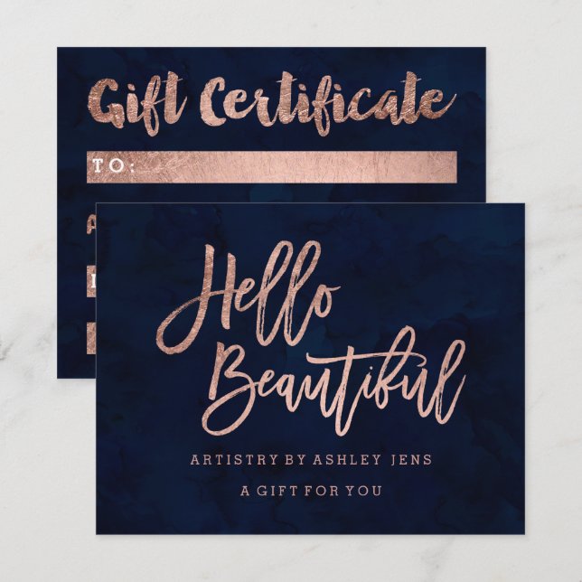 Invitation Certificat cadeau chic rose or bonjour bleu marine (Devant / Derrière)