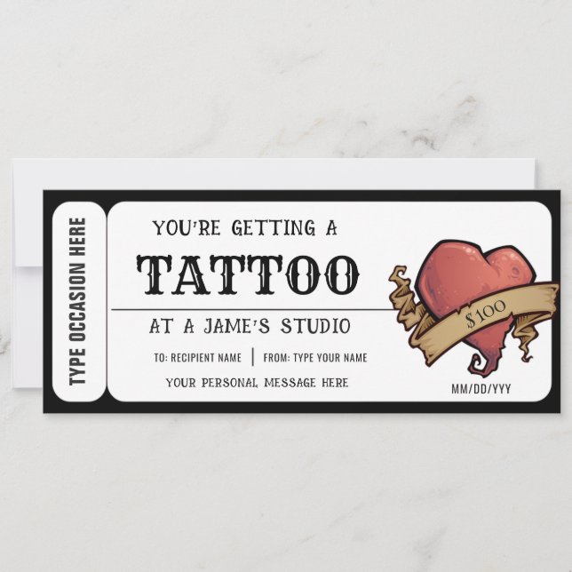 Invitation Certificat-cadeau de billet de tatouage de cœur pe (Devant)