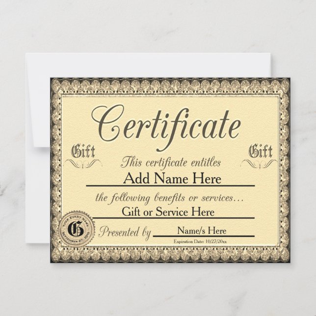 Invitation Certificat cadeau d'or personnalisé pour les invit (Devant)