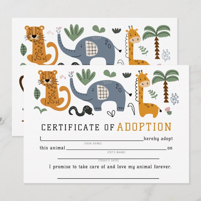 Invitation Certificat d'adoption animale Deux enfants sauvage (Devant / Derrière)