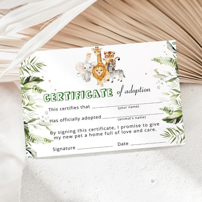 Invitation Certificat d'adoption d'animaux sauvages Safari (Créateur téléchargé)