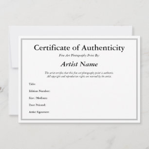 Invitation Certificat d'authenticité pour la photographie Arg