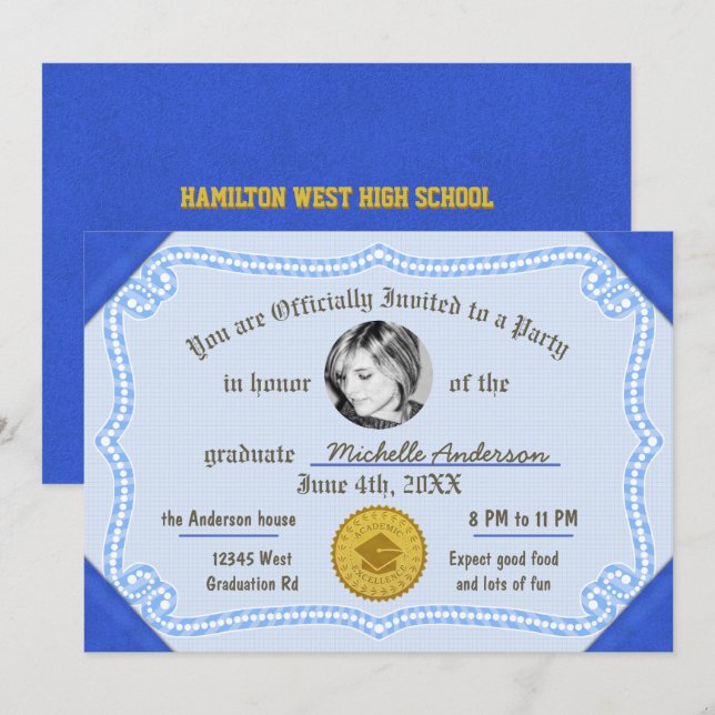 Invitation Certificat de diplôme de diplôme de licence photo  (Devant / Derrière)