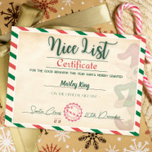 Certificat de liste des gentils du Père Noël migno
