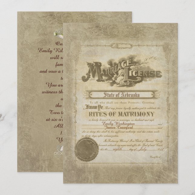 Invitation Certificat de mariage vintage (Devant / Derrière)