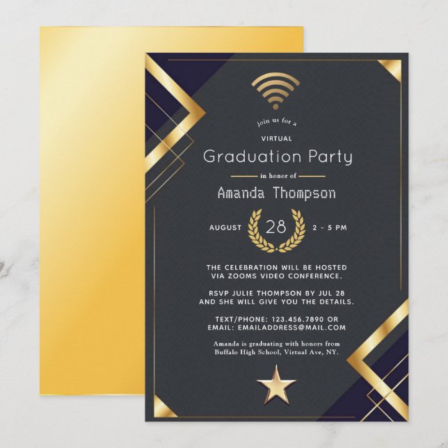 Invitation Certificat de partie virtuelle Black & Gold (Devant / Derrière)