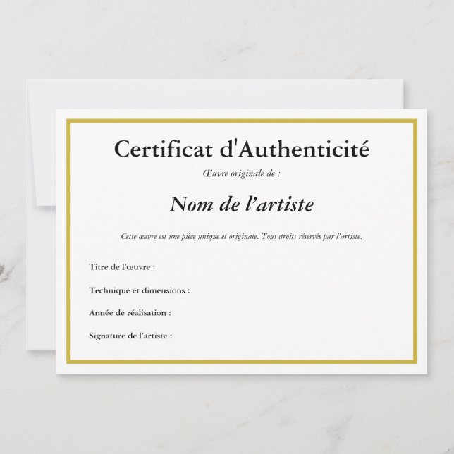 Invitation Certificat français d'authenticité pour l'art (Devant)