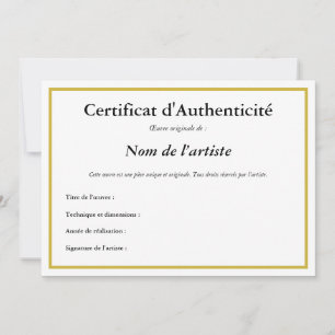 Invitation Certificat français d'authenticité pour l'art