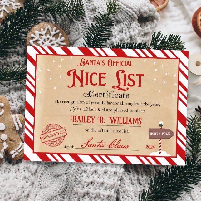 Invitation Certificat Nice de Père Noël approuvé deux fois vé (Official Nice List Certificate Santa Claus North Pole letter instant download printable)
