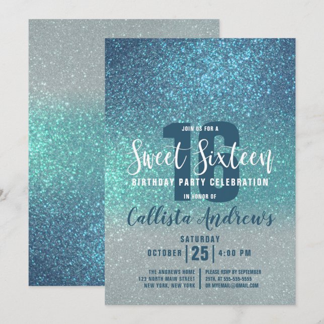 Invitation Cerulean bleu Turquoise triple Parties scintillant (Devant / Derrière)
