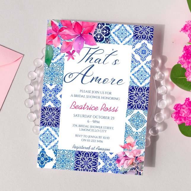 Invitation C'est Amore Blue Tiles Floral Fête des mariées (That's Amore Blue Tiles Floral Bougainvillea Bridal Shower Invitation)