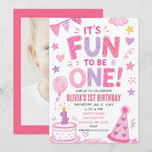 Invitation C'est amusant d'être une fille rose Doodle Photo A