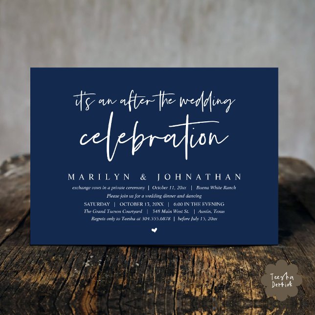 Invitation C'est après la fête mariage, dîner (It's an after the wedding party, Modern Romantic Dinner Celebration Invitation Card PDF Navy Blue)