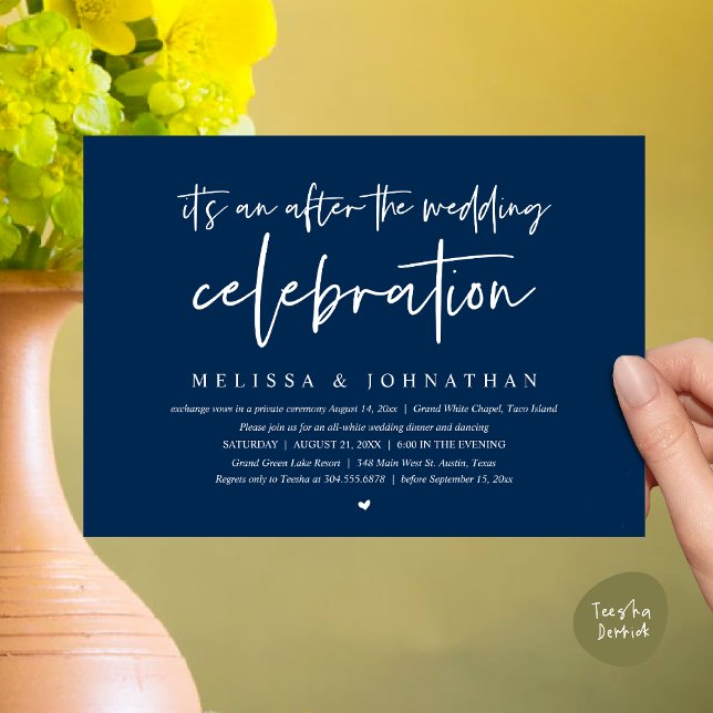 Invitation C'est après la fête mariage, dîner (Happily Ever After Party, After the wedding celebration Romantic Dinner Invites Card PDF Navy Blue)
