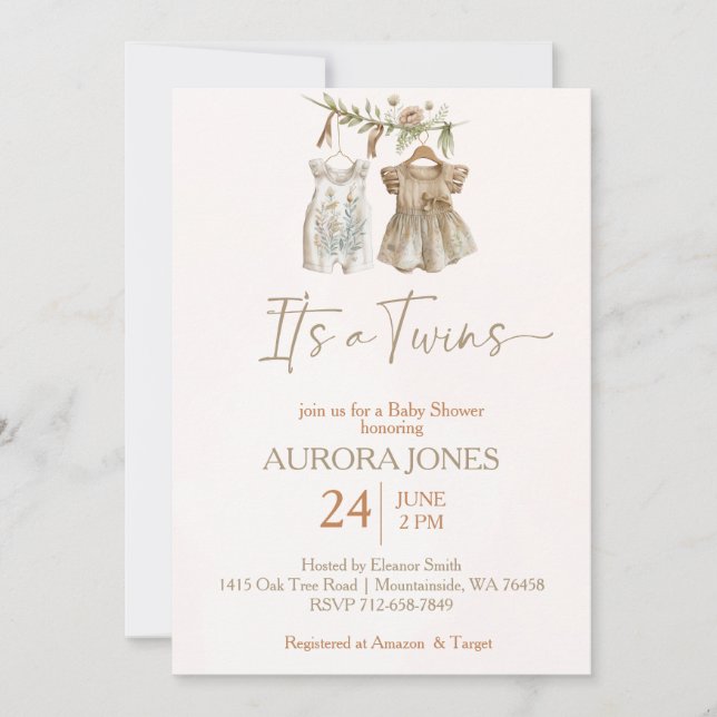 Invitation C'est jumeaux boho vêtements nursery baby shower (Devant)