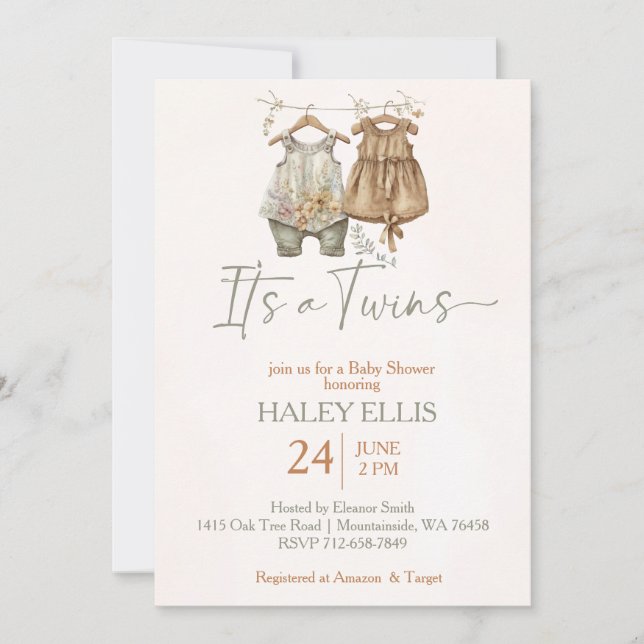 Invitation C'est jumeaux boho vêtements nursery baby shower (Devant)