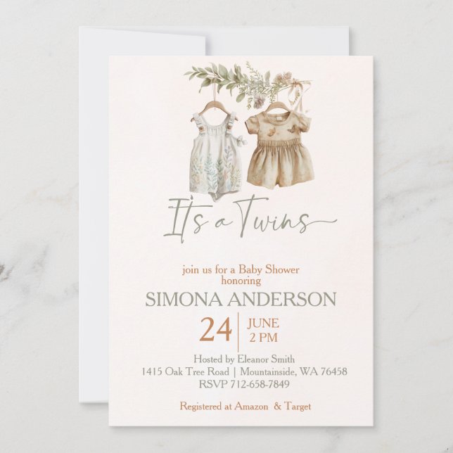 Invitation C'est jumeaux boho vêtements nursery baby shower (Devant)