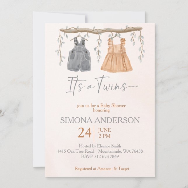 Invitation C'est jumeaux boho vêtements nursery baby shower (Devant)