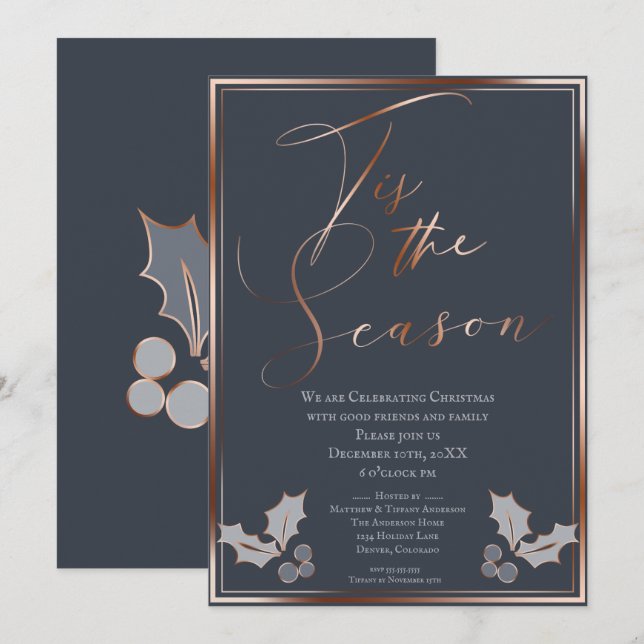 Invitation C'est la fête de Noël de la saison bleue et cuivre (Devant / Derrière)