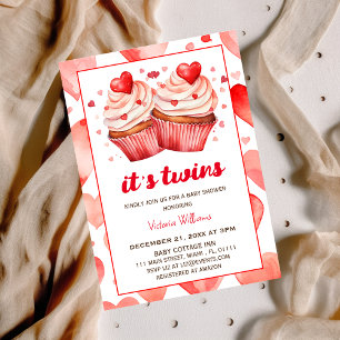 Invitation C'est la fête des jumeaux à thème coeur cupcake ba