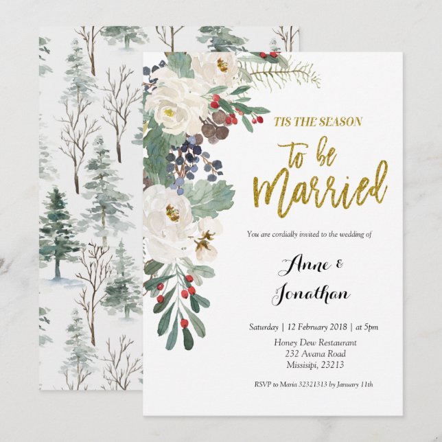 Invitation C'est la saison pour être marié Noël Floral (Devant / Derrière)