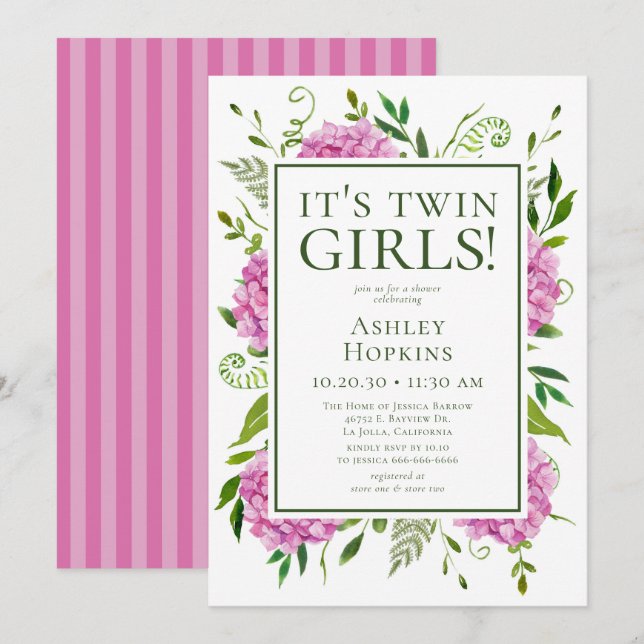 Invitation C'est le Baby shower Twin Girls Pink Hydrangeas (Devant / Derrière)