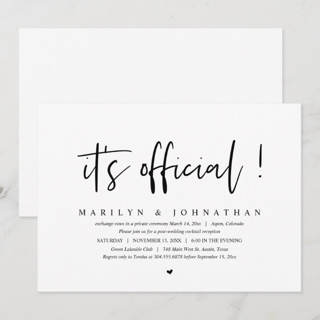 Invitation C'est officiel, Dîner et Fête de Mariage Intime (Devant / Derrière)