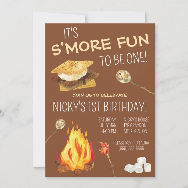 Invitation C'est plus amusant d'être UN ! S'mores fête d'anni (Devant)