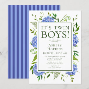 Invitation C'est Twin Boys Blue Hydrangeas Baby shower