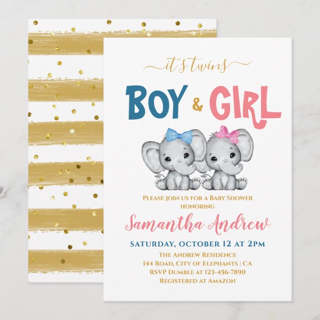 Invitation C'est Twins Cute Elephant Boy & Girl Baby shower (Devant / Derrière)