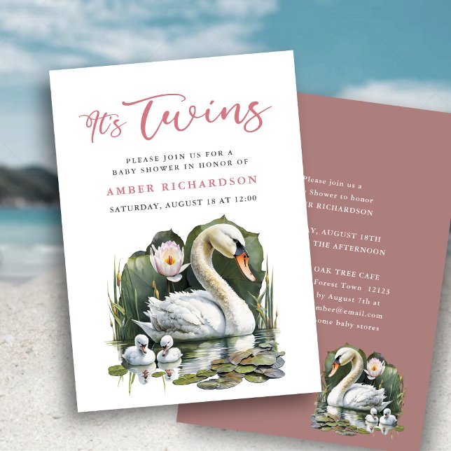 Invitation C'est Twins Elegant Baby shower de cygne à script  (Créateur téléchargé)