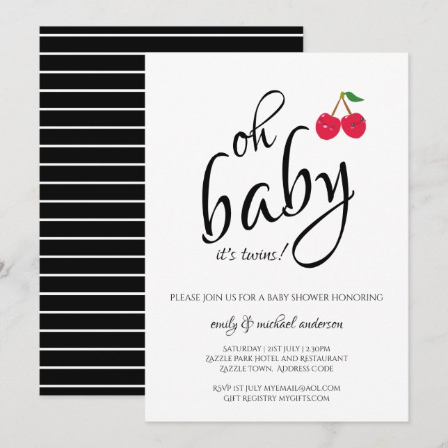 Invitation C'est Twins Typographie moderne Cherry Baby shower (Devant / Derrière)