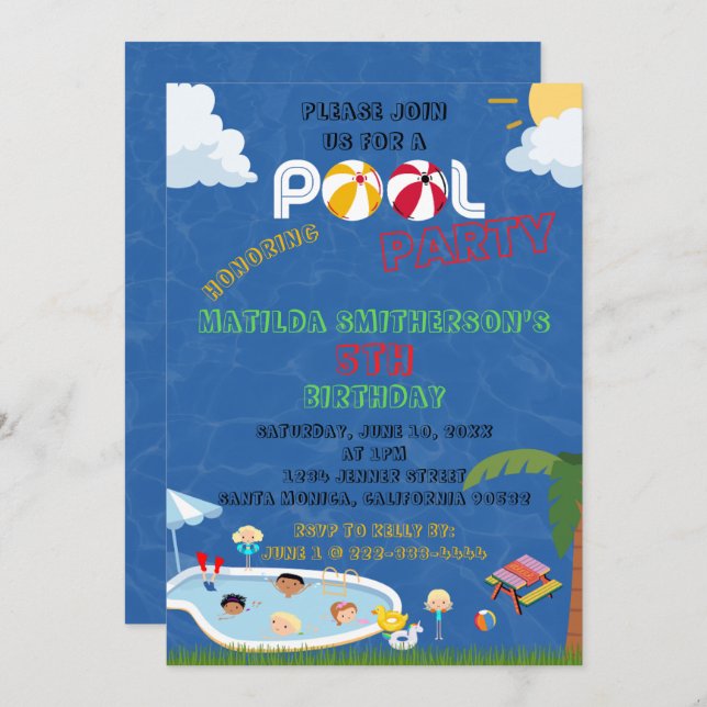 Invitation C'EST UN ANNIVERSAIRE DE Piscine (Devant / Derrière)