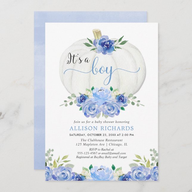 Invitation C'est un baby shower blanc citrouille bleu fleuri (Devant / Derrière)