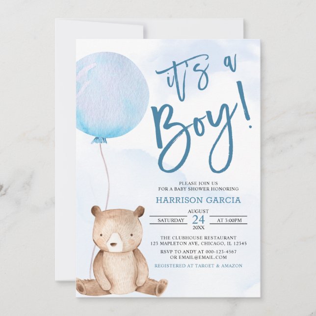 Invitation C'est un Baby shower Bleu Blonde en Teddy Bear (Devant)