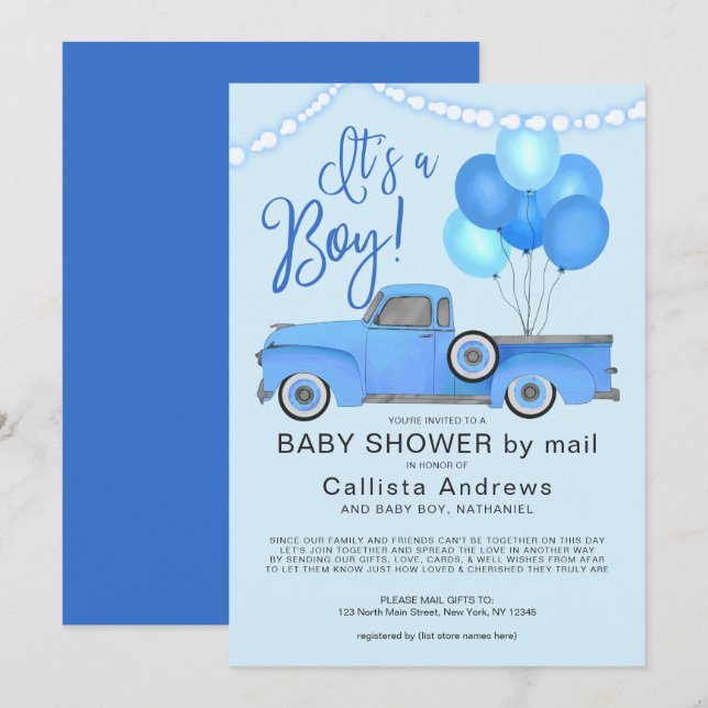 Invitation C'est un Baby shower Bleu Boy Truck Balloons Light (Devant / Derrière)