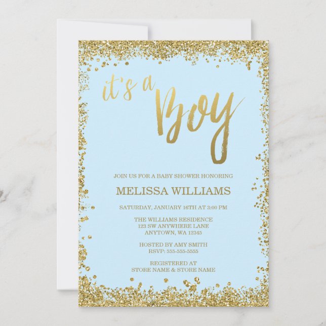 Invitation C'est un baby shower bleu de parties scintillantes (Devant)