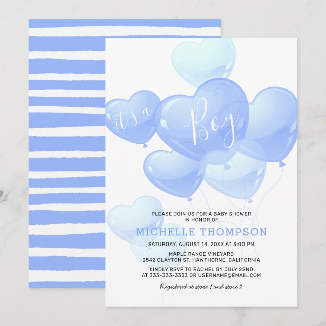 Invitation C'est un Baby shower bleu doux pour garçon (Devant / Derrière)