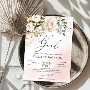 Invitation C'est un baby shower boho rose fleuri or rose fill