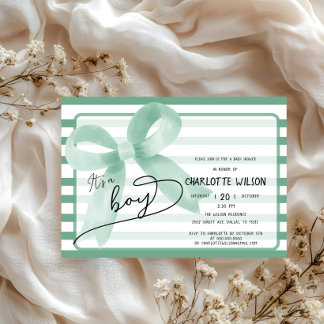 Invitation C'est un Baby shower Boy Cute Mint Bow Stripes