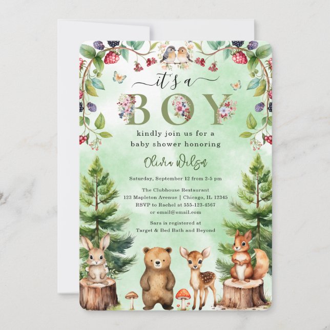 Invitation C'est un Baby shower d'animaux boisés (Devant)