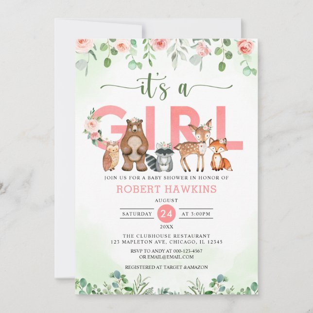 Invitation C'est un baby shower d'animaux de forêt de filles (Devant)