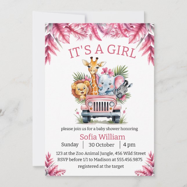 Invitation C'est un baby shower d'animaux de safari dans la j (Devant)
