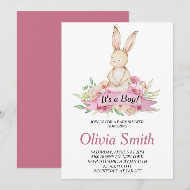 Invitation C'est un Baby shower d'aquarelle de lapin floral g (Devant / Derrière)